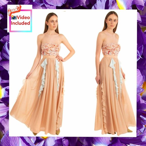 $495 NWT Nolita Italy Beige Blush Empire Gown SMALL Brlted Off the Shoulder Long - Picture 1 of 13